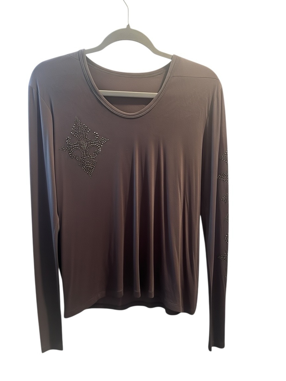 Sarina Women's Long-Sleeve Embellished Brown Crewneck Top Excellent Condition L